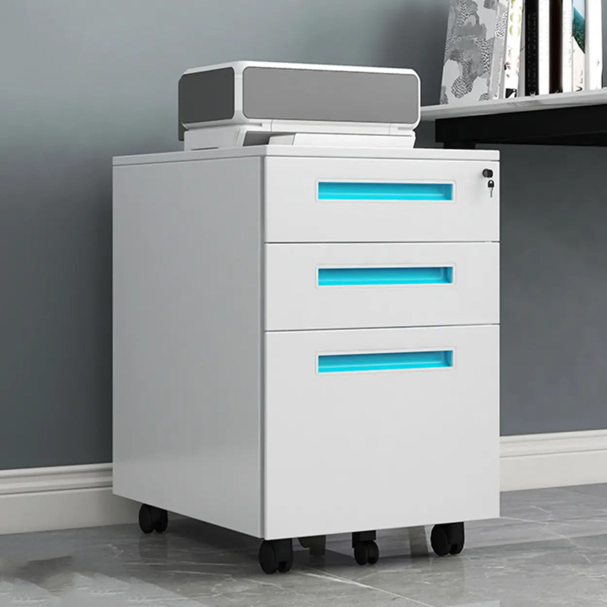 Steel Mobile Filing Cabinet White Key Lock with Casters Image - 9