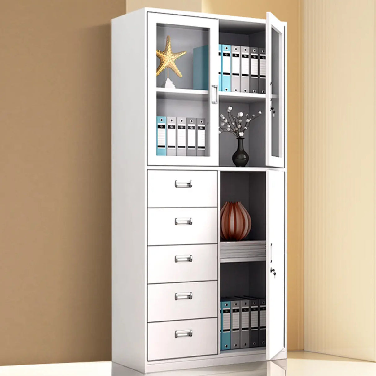 Steel White Vertical File Cabinet with Lock and Shelves Image - 9