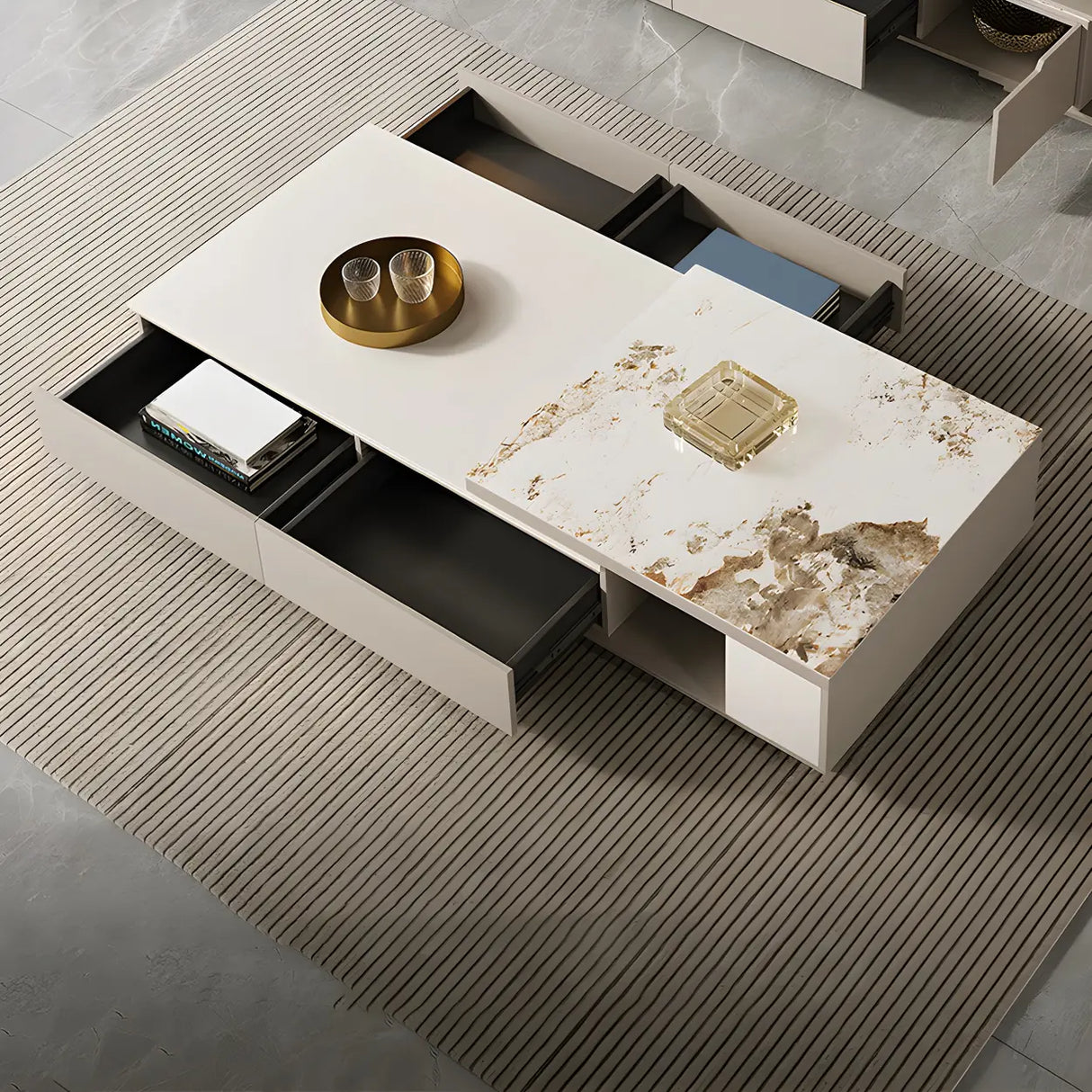 Stone Rectangular Coffee Table with Storage Shelves Image - 10