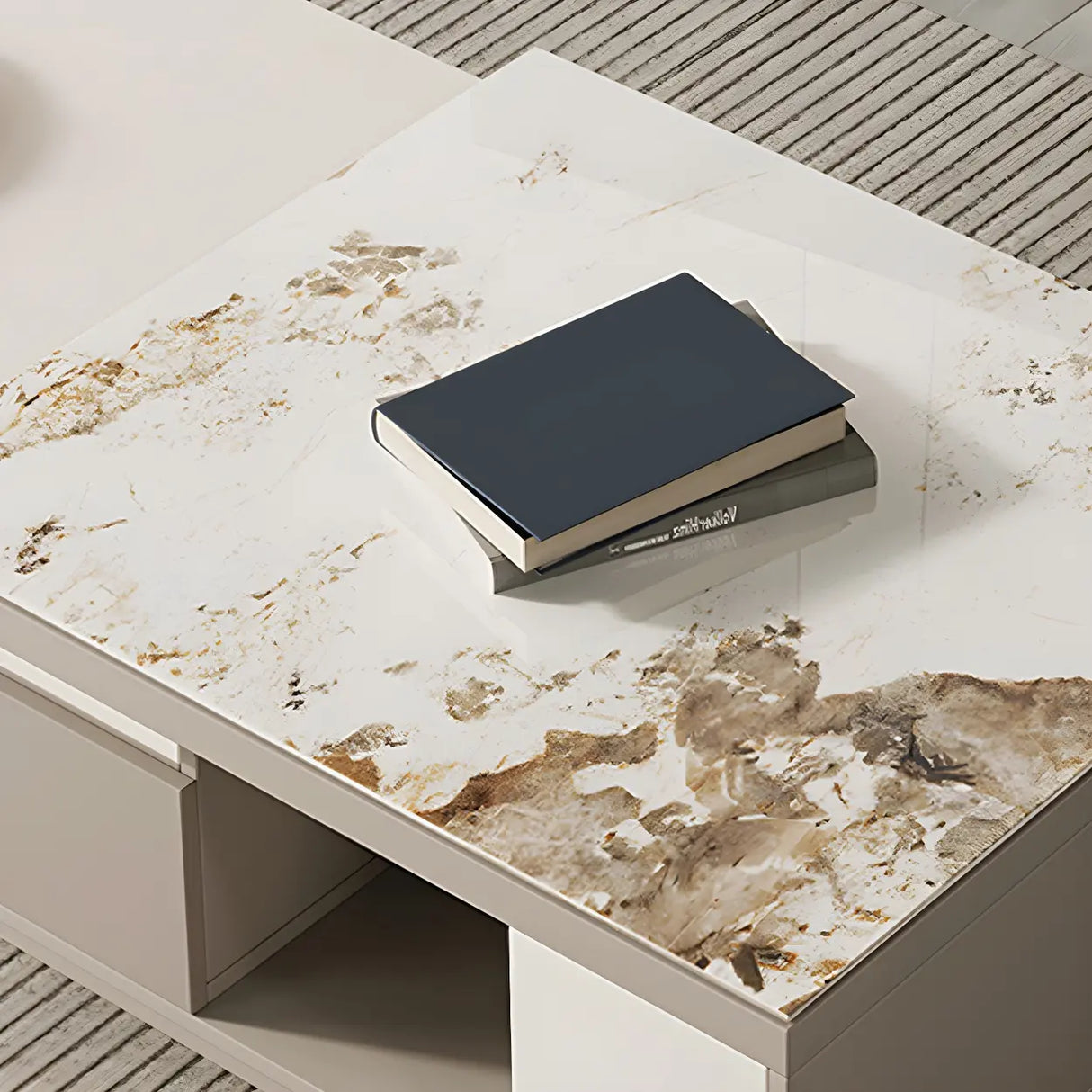 Stone Rectangular Coffee Table with Storage Shelves Image - 12