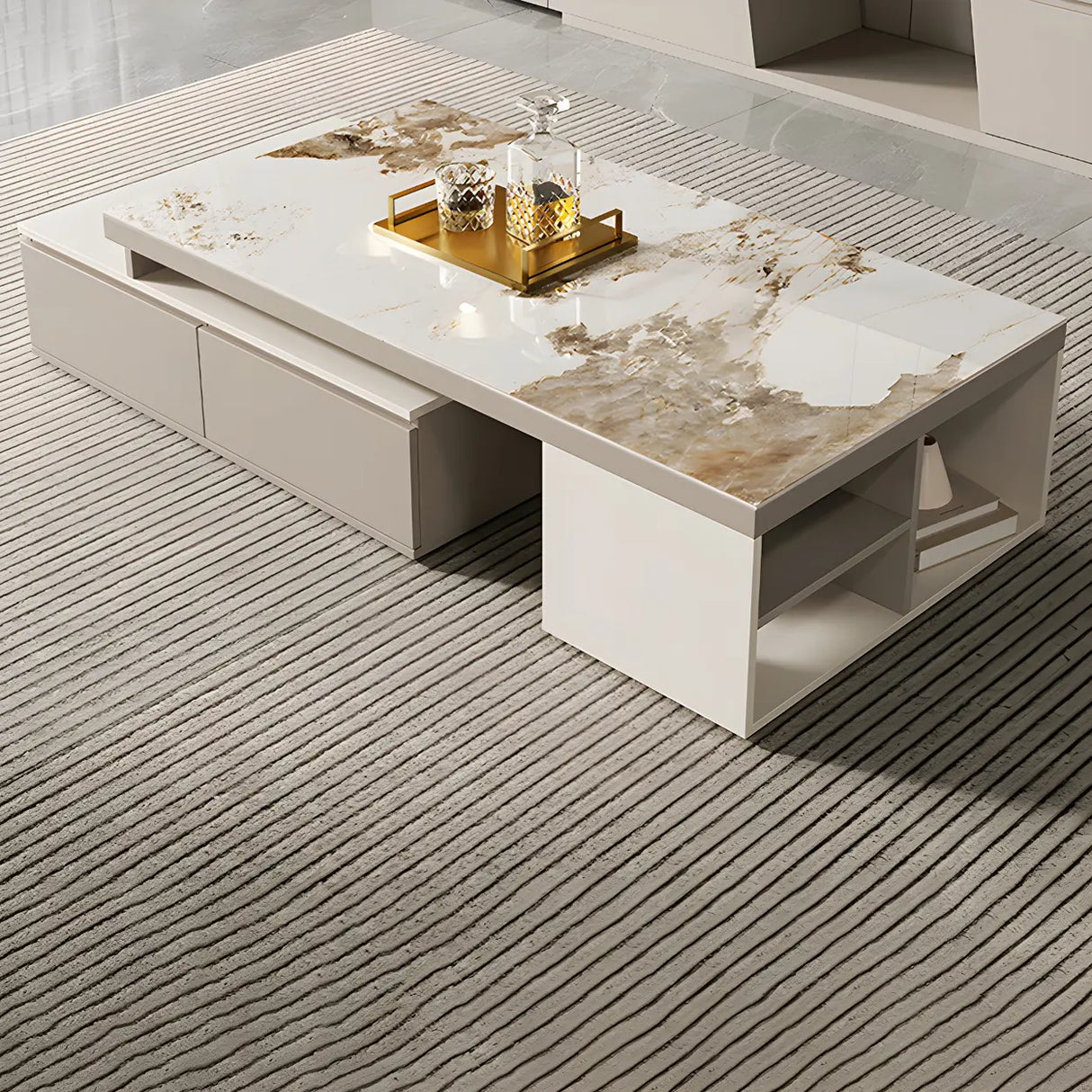 Stone Rectangular Coffee Table with Storage Shelves Image - 2