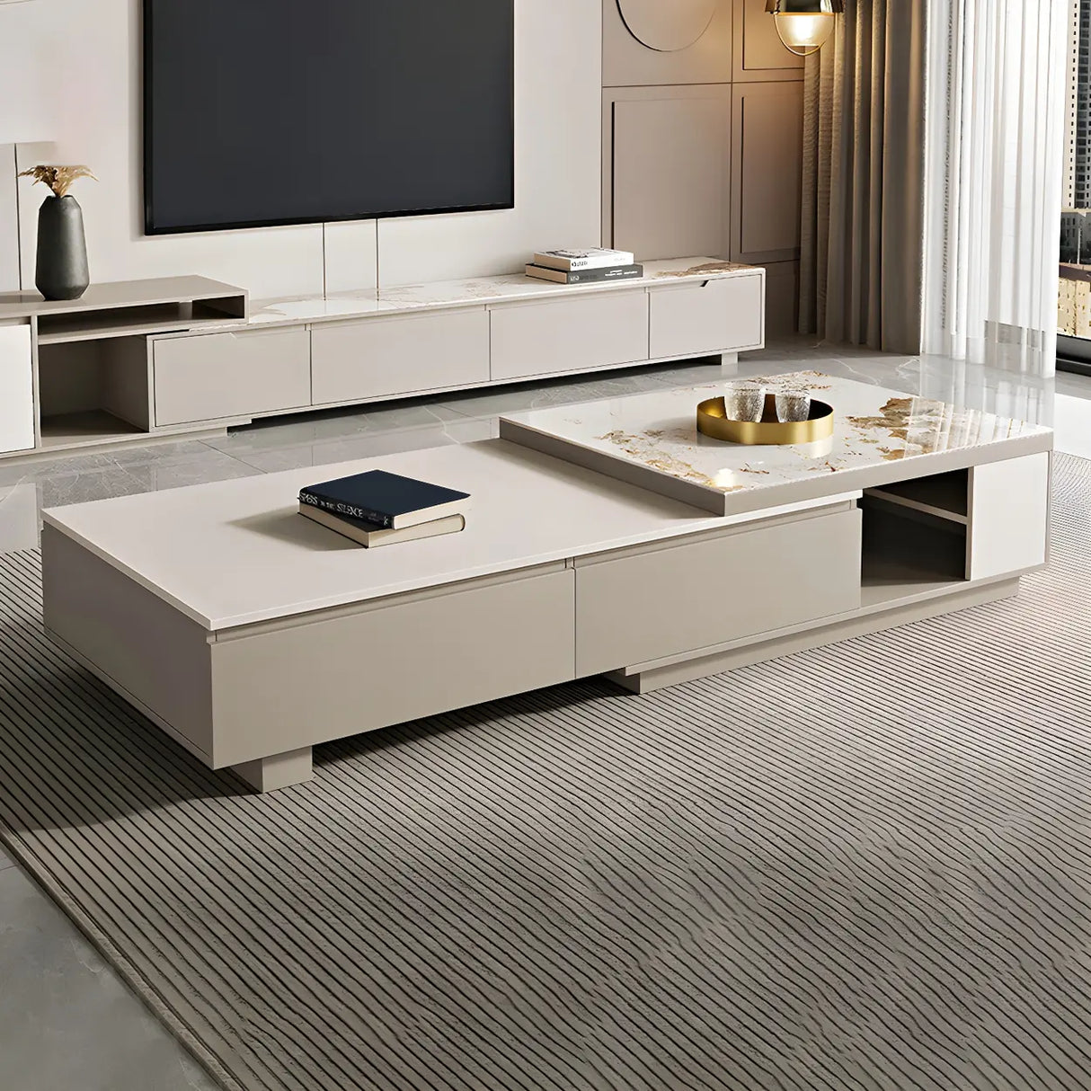 Stone Rectangular Coffee Table with Storage Shelves Image - 3