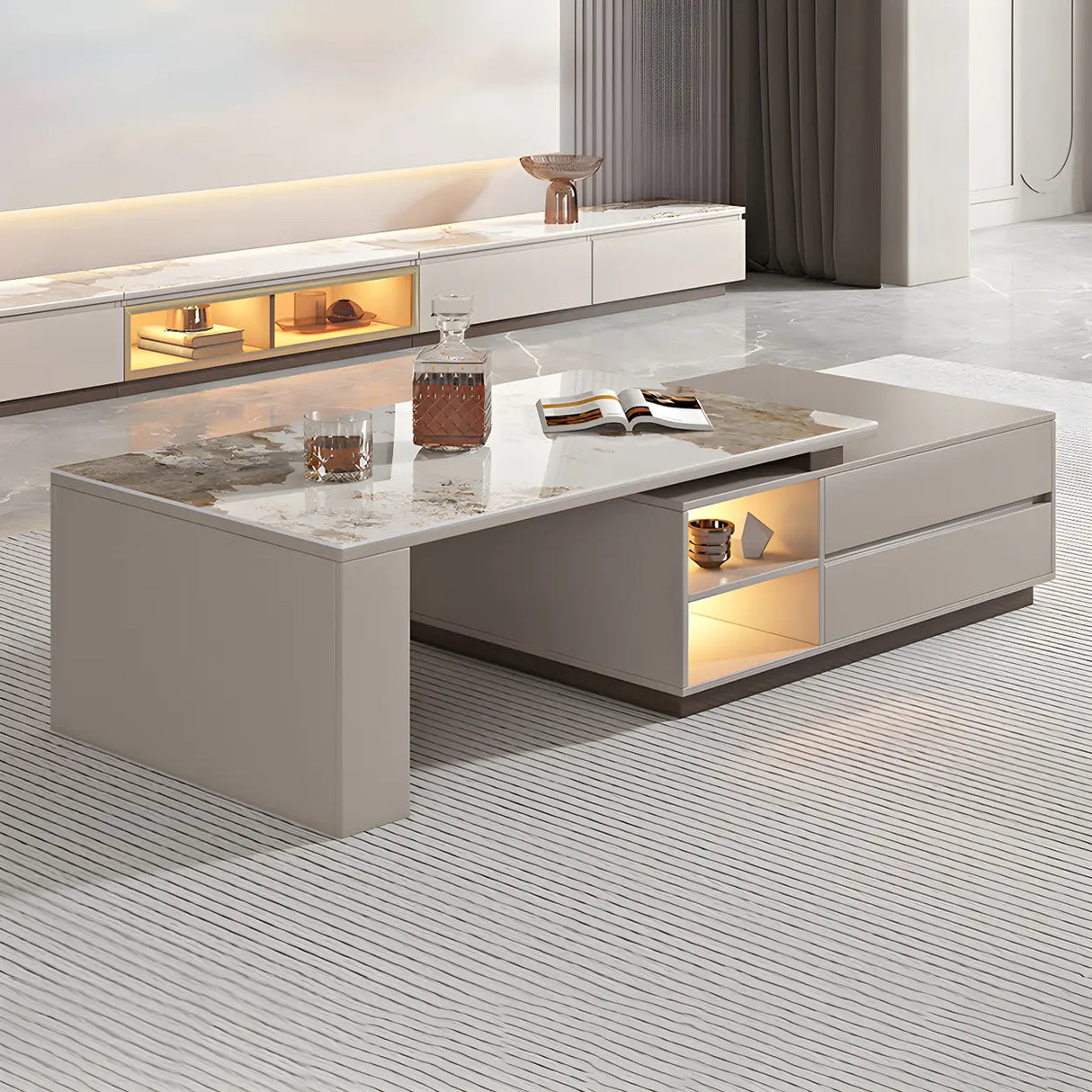 Stone Rectangular Coffee Table with Storage Shelves Image - 5