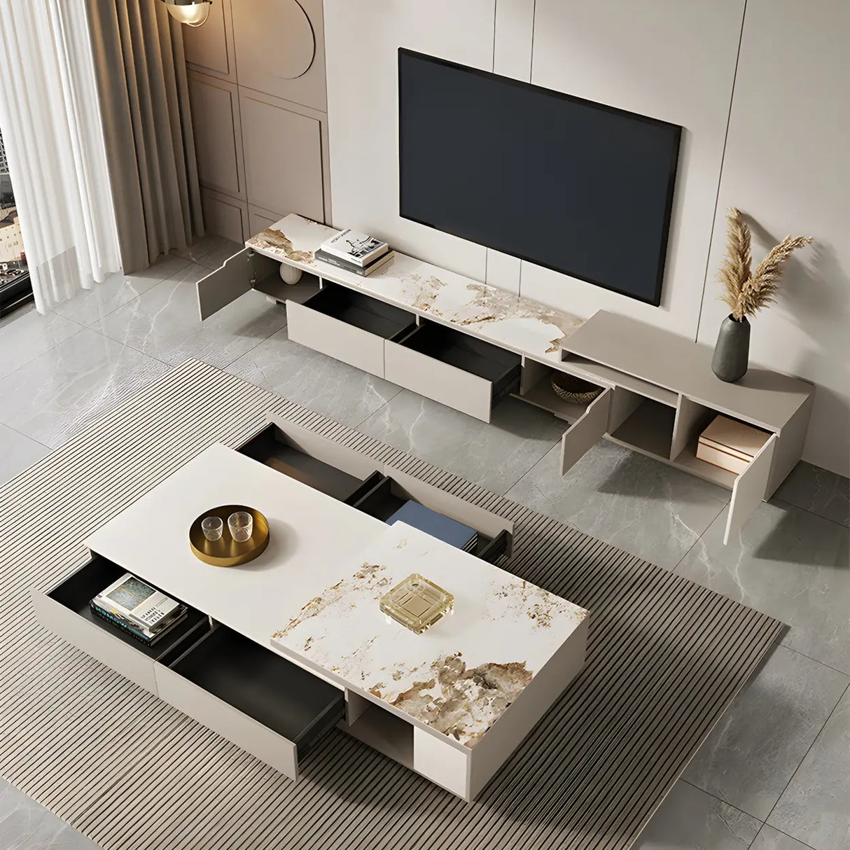 Stone Rectangular Coffee Table with Storage Shelves Image - 6