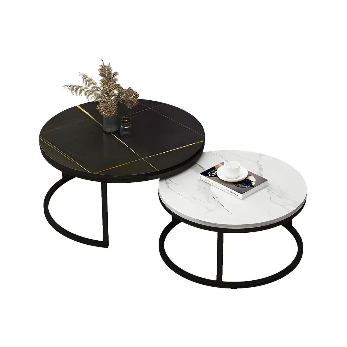 Stone Round Top Metal Frame Nesting Coffee Tables Image - 10