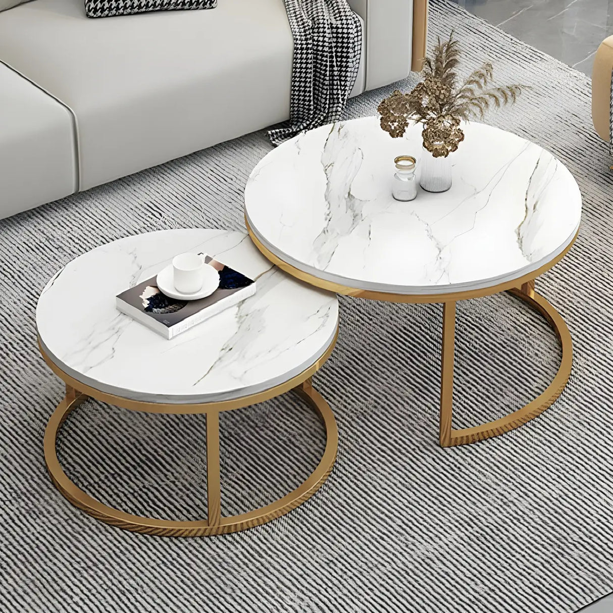 Stone Round Top Metal Frame Nesting Coffee Tables Image - 11