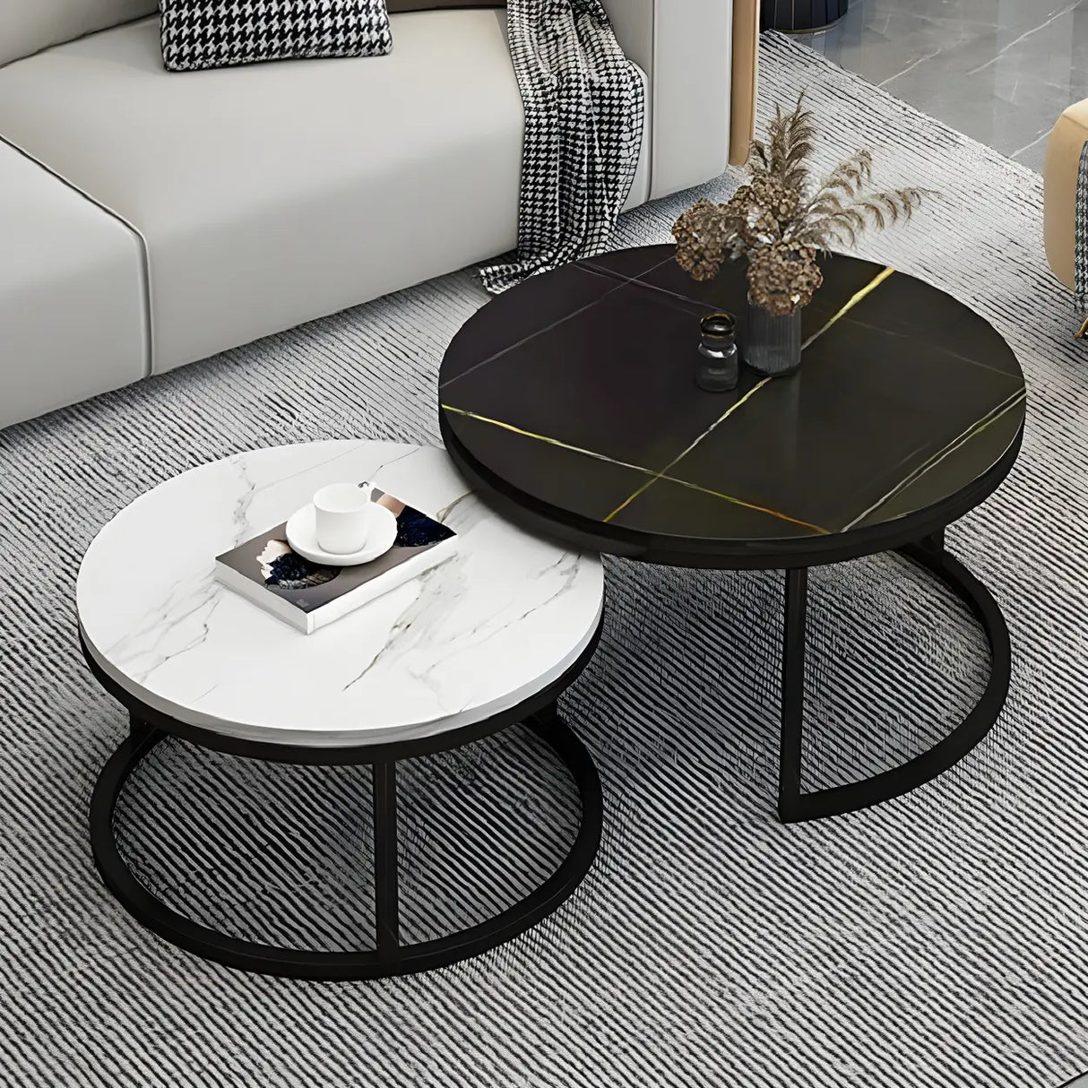 Stone Round Top Metal Frame Nesting Coffee Tables Image - 13