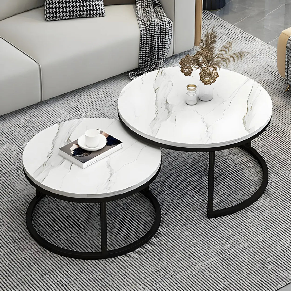 Stone Round Top Metal Frame Nesting Coffee Tables Image - 15