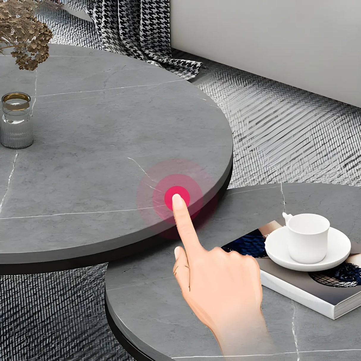 Stone Round Top Metal Frame Nesting Coffee Tables Image - 16