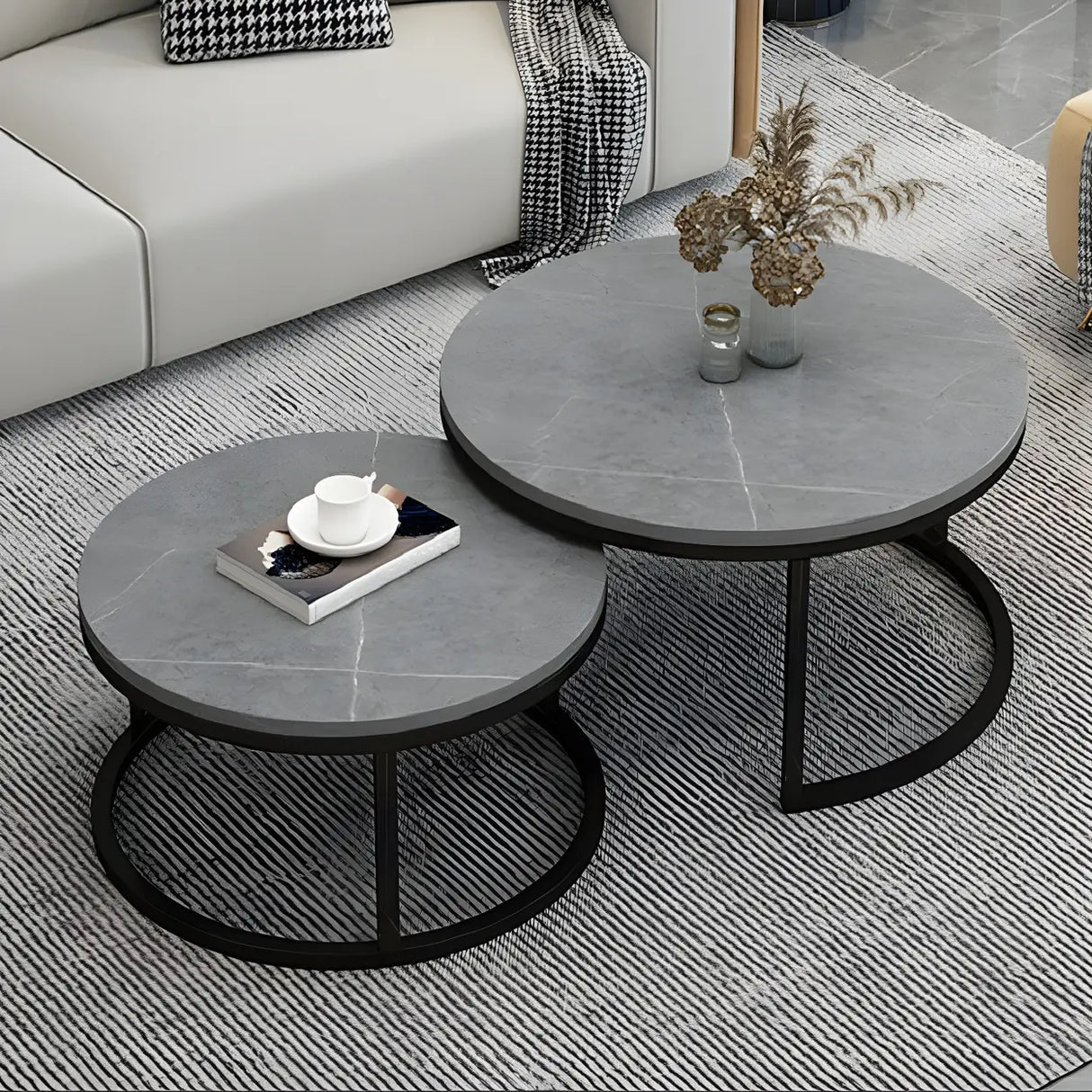 Stone Round Top Metal Frame Nesting Coffee Tables Image - 17