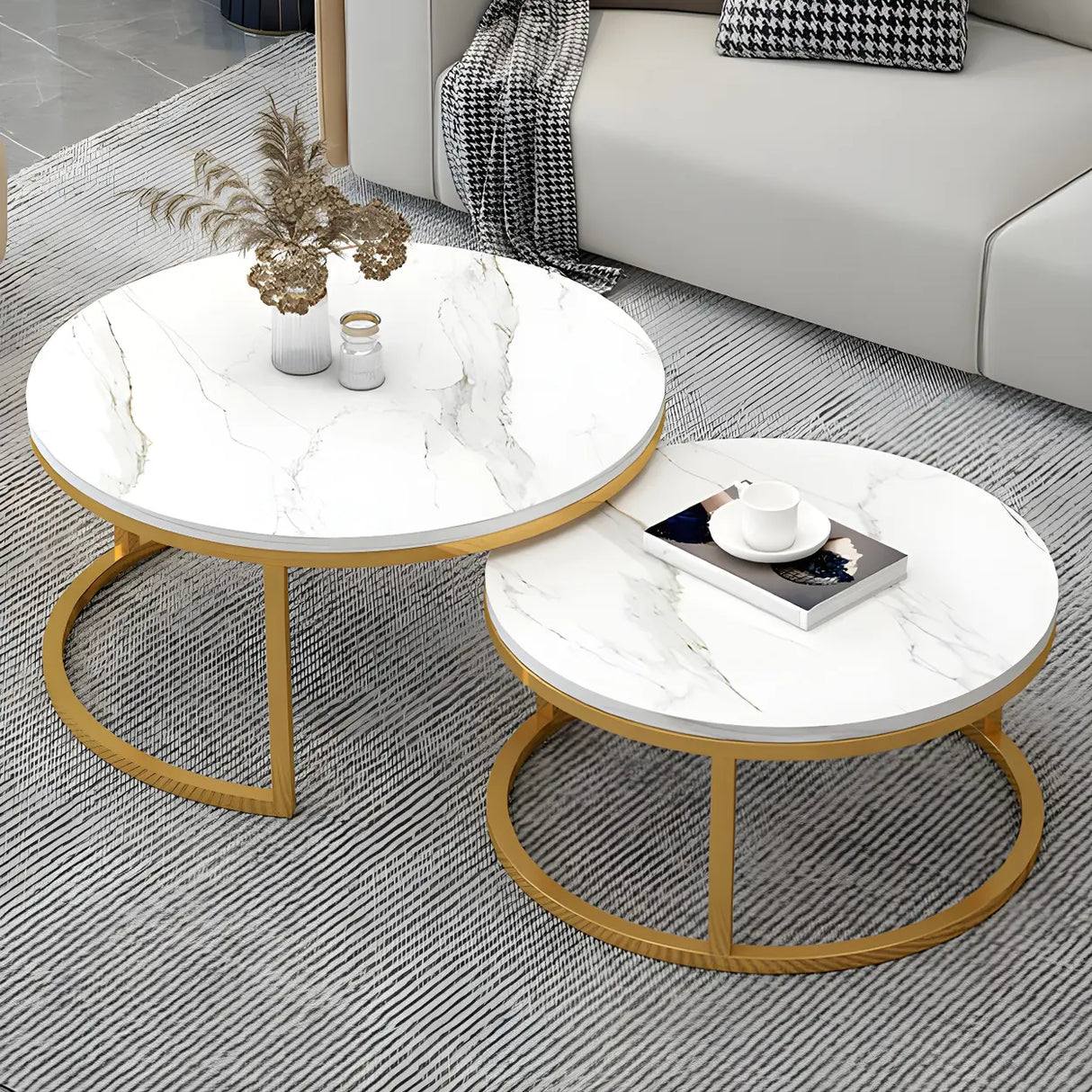 Stone Round Top Metal Frame Nesting Coffee Tables Image - 18