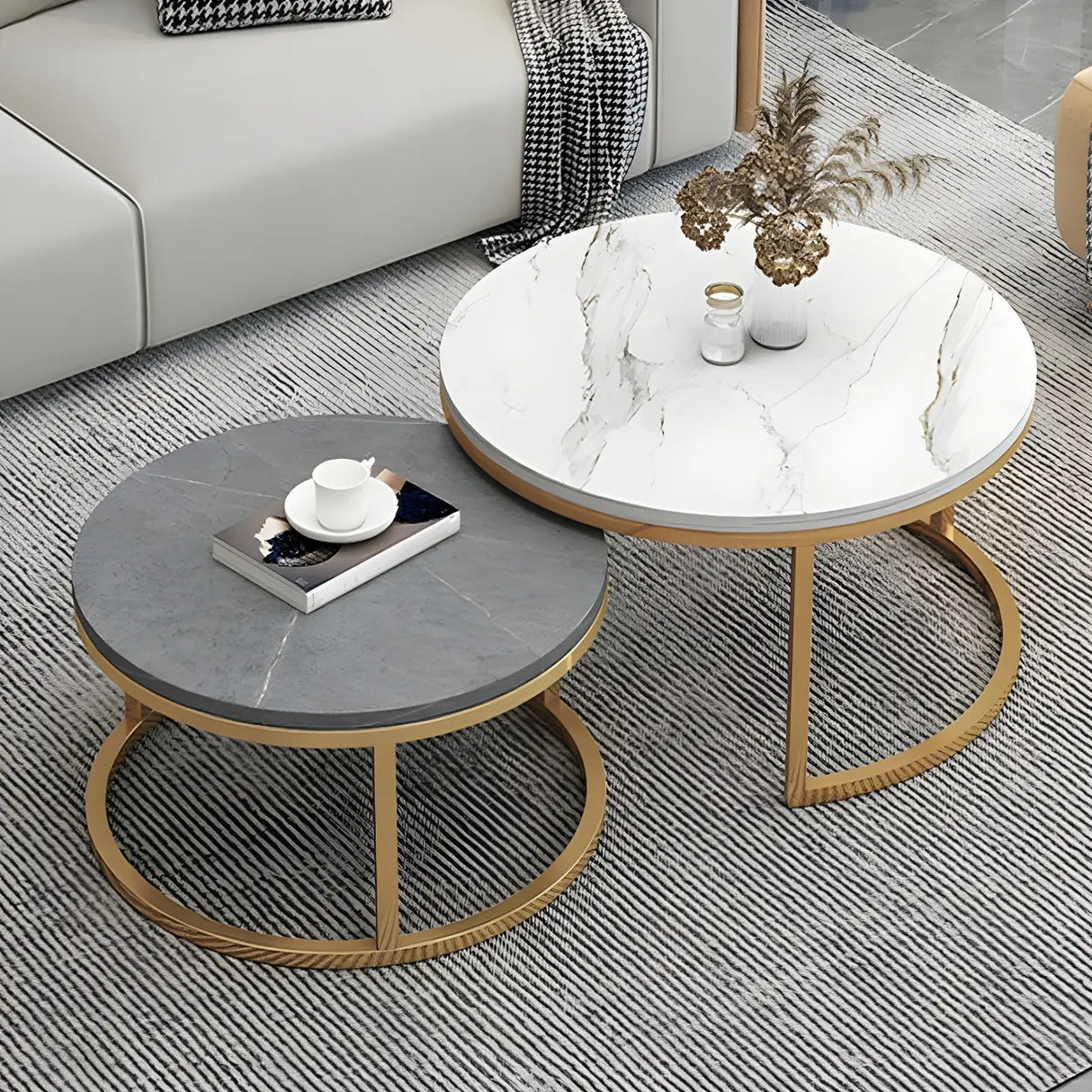 Stone Round Top Metal Frame Nesting Coffee Tables Image - 19
