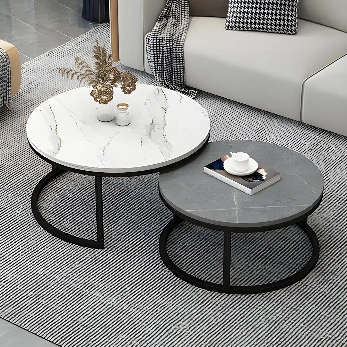 Stone Round Top Metal Frame Nesting Coffee Tables Image - 20