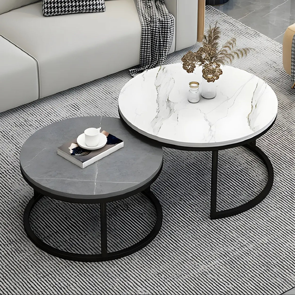 Stone Round Top Metal Frame Nesting Coffee Tables Image - 2