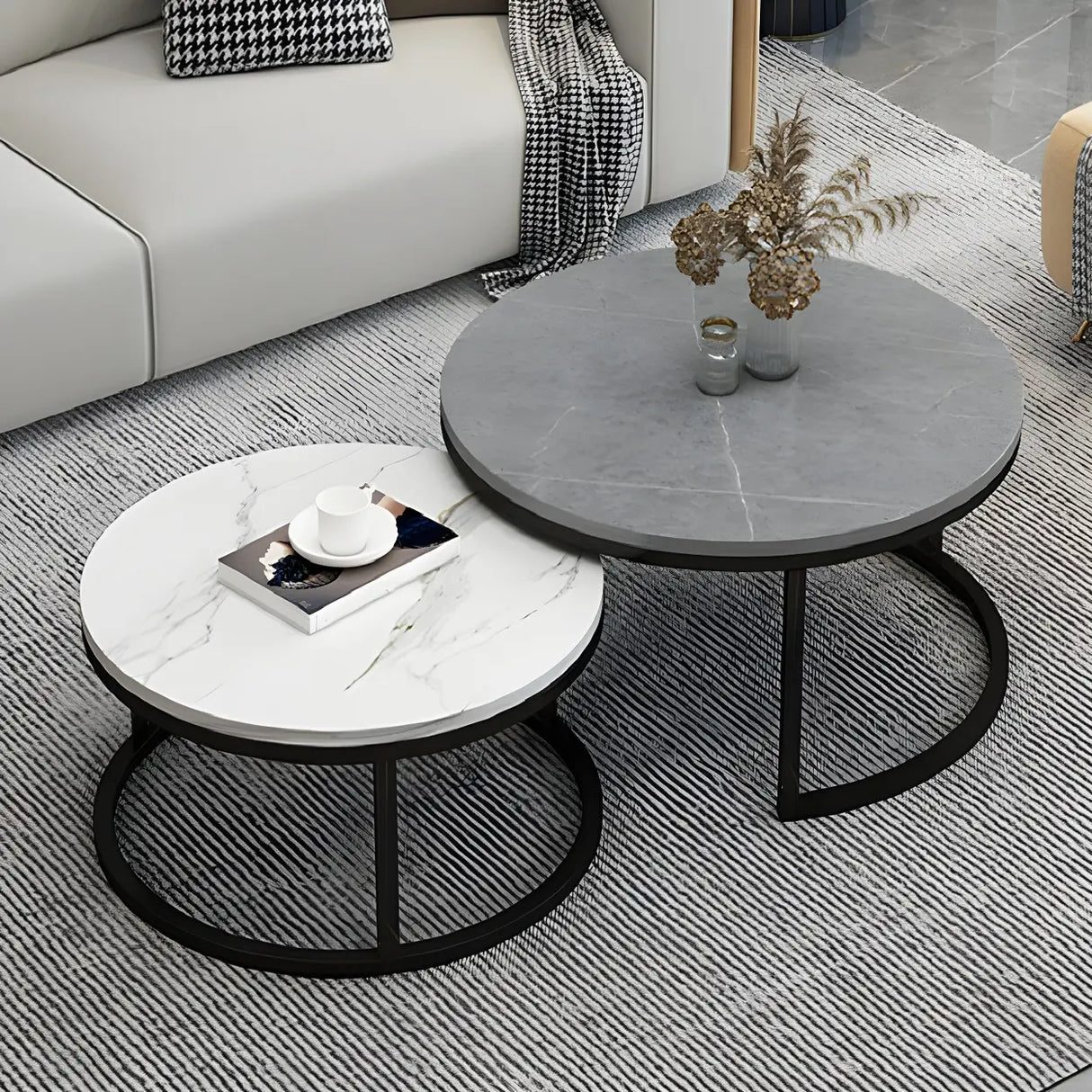 Stone Round Top Metal Frame Nesting Coffee Tables Image - 3