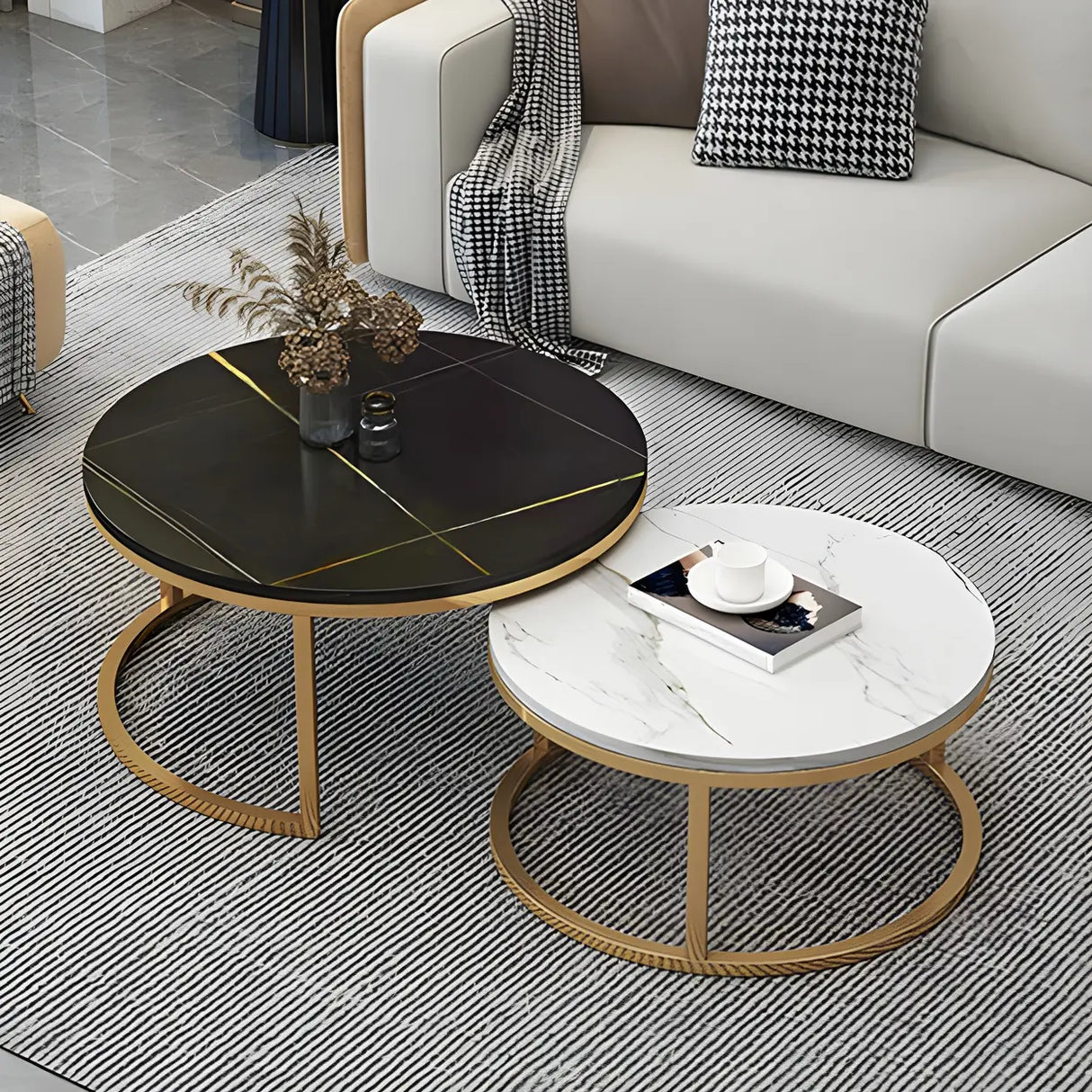 Stone Round Top Metal Frame Nesting Coffee Tables Image - 4