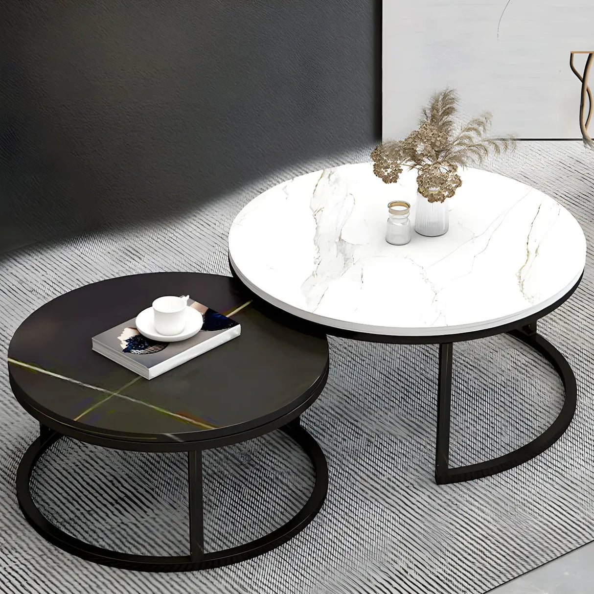 Stone Round Top Metal Frame Nesting Coffee Tables Image - 5