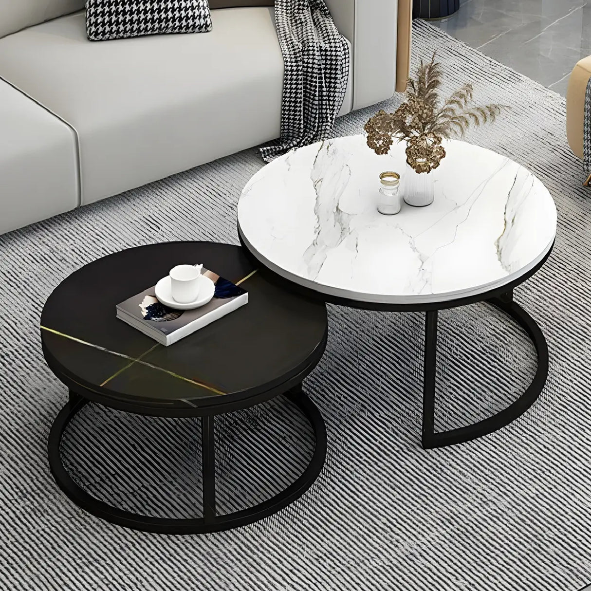 Stone Round Top Metal Frame Nesting Coffee Tables Image - 7