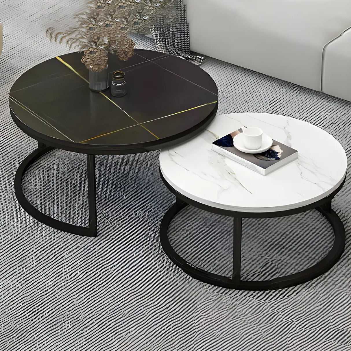 Stone Round Top Metal Frame Nesting Coffee Tables Image - 8