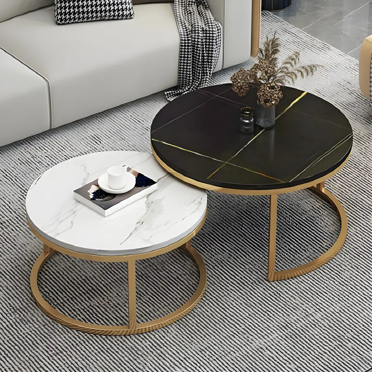 Stone Round Top Metal Frame Nesting Coffee Tables Image - 9