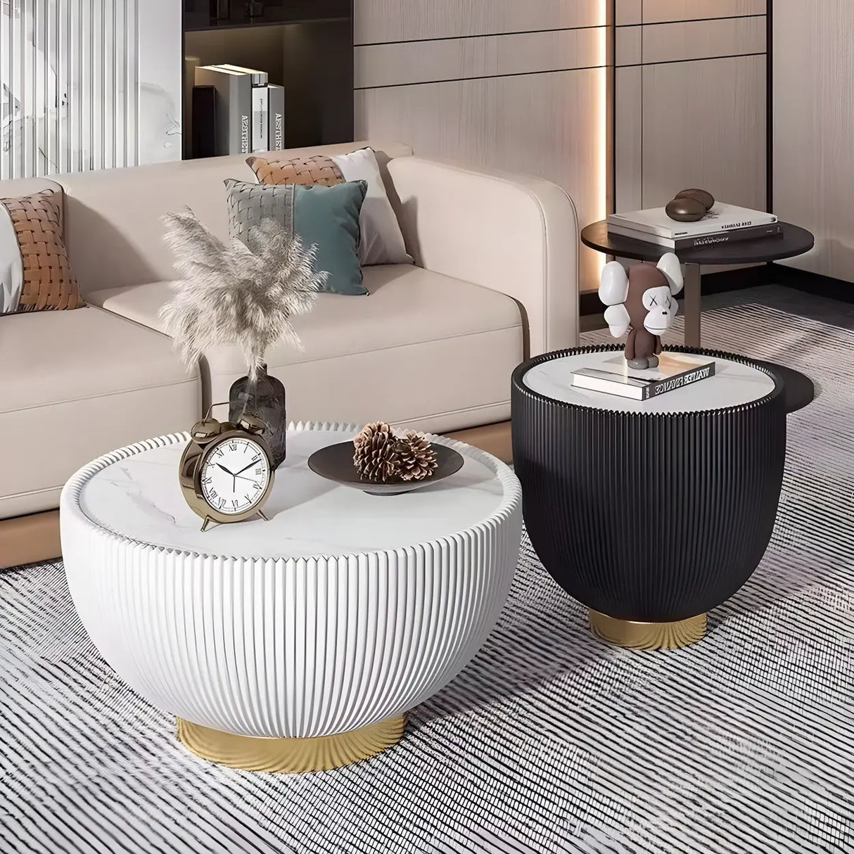 Stone Round Tray Top Bowl-Shaped Iron Base Coffee Table Image - 10