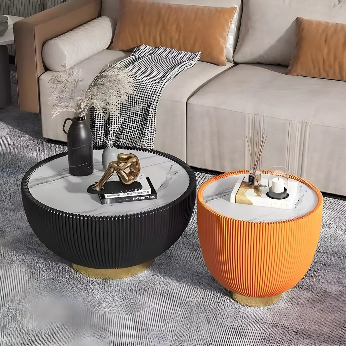 Stone Round Tray Top Bowl-Shaped Iron Base Coffee Table Image - 12