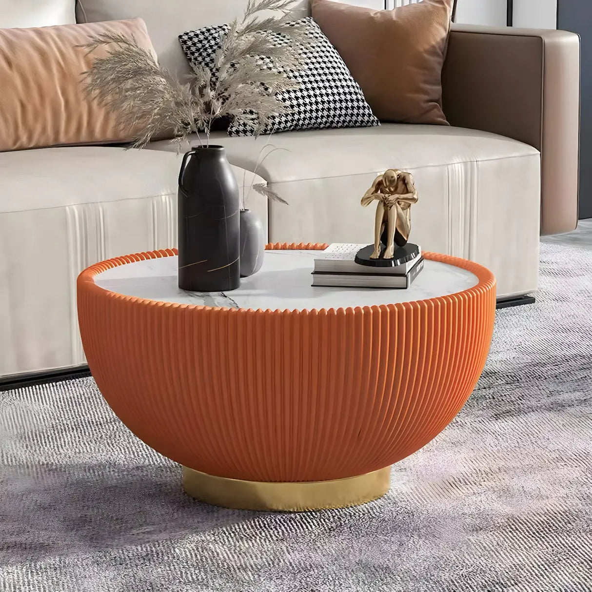 Stone Round Tray Top Bowl-Shaped Iron Base Coffee Table Image - 14