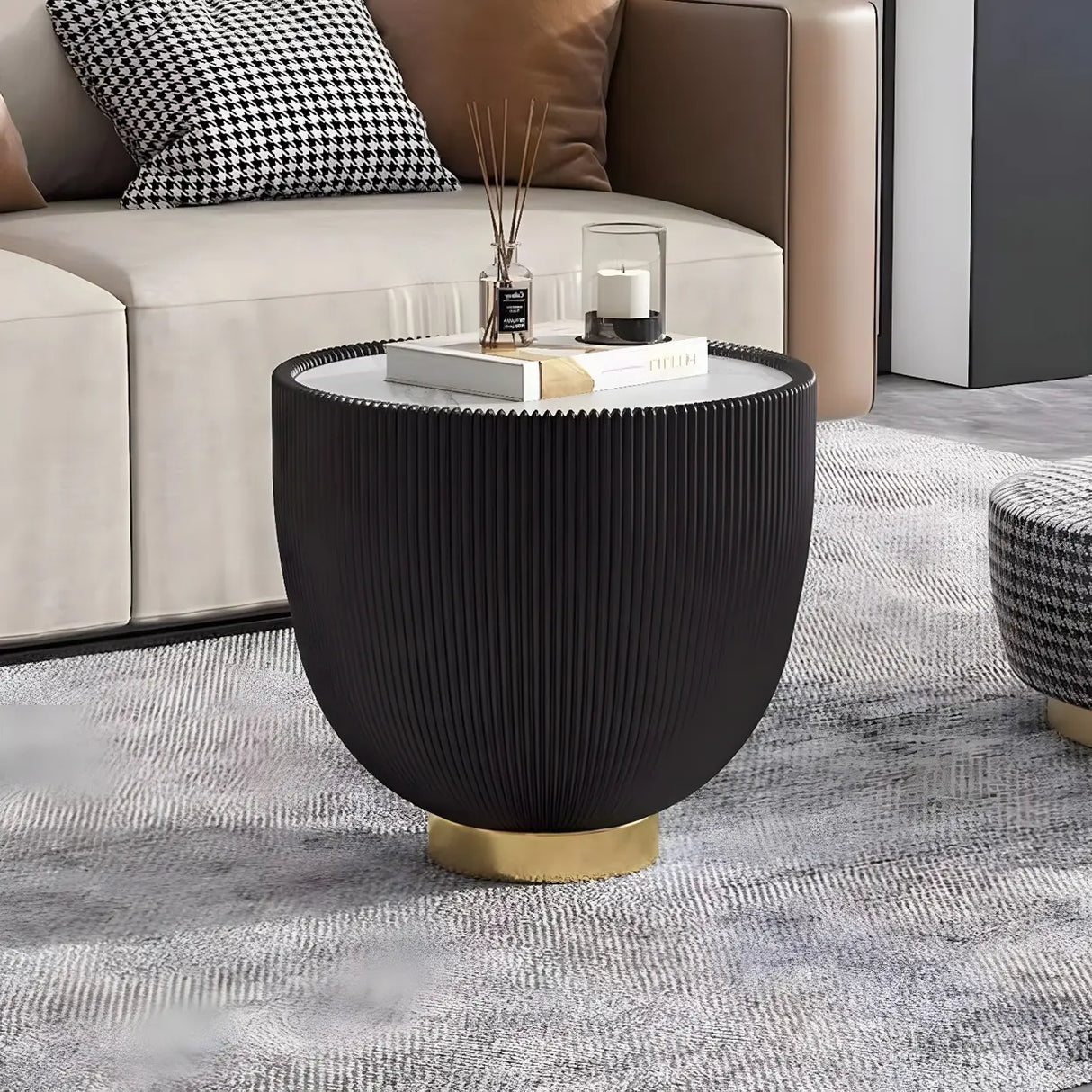 Stone Round Tray Top Bowl-Shaped Iron Base Coffee Table Image - 16