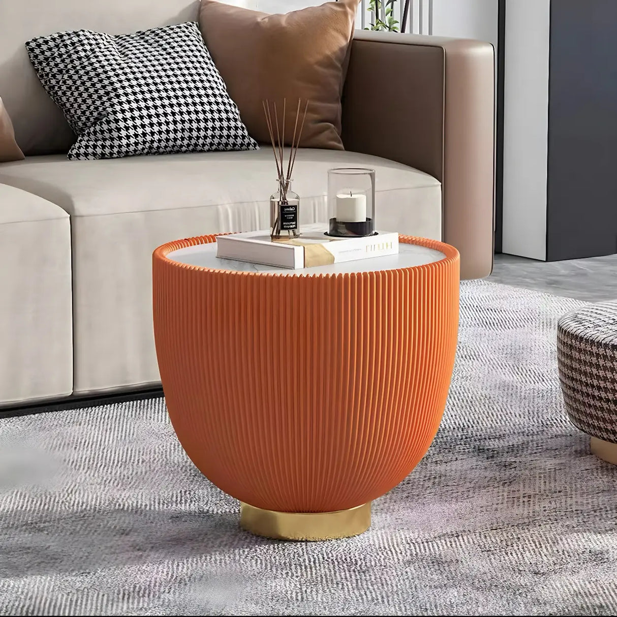 Stone Round Tray Top Bowl-Shaped Iron Base Coffee Table Image - 2