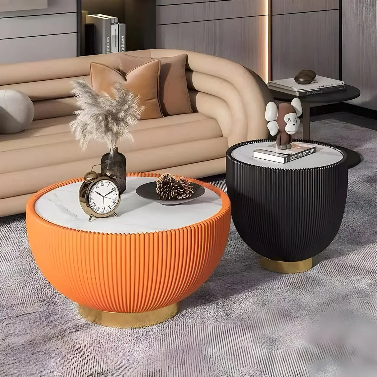 Stone Round Tray Top Bowl-Shaped Iron Base Coffee Table Image - 3