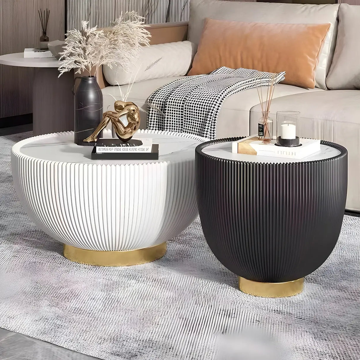 Stone Round Tray Top Bowl-Shaped Iron Base Coffee Table Image - 4