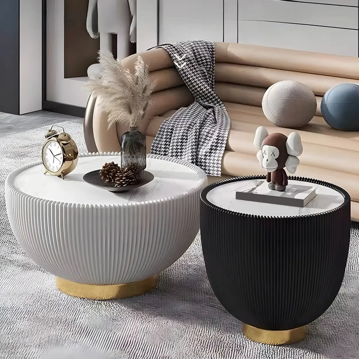 Stone Round Tray Top Bowl-Shaped Iron Base Coffee Table Image - 5