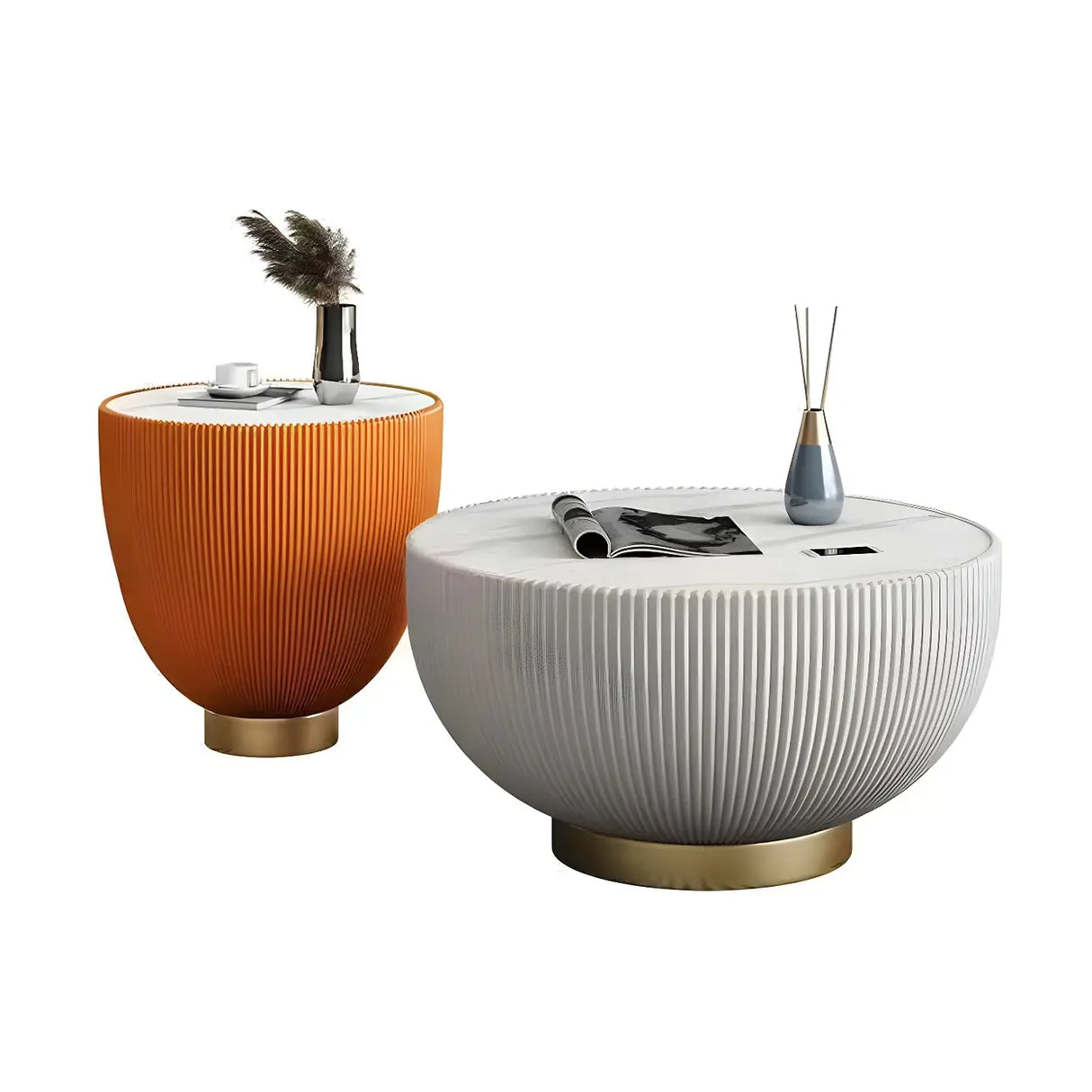 Stone Round Tray Top Bowl-Shaped Iron Base Coffee Table Image - 6