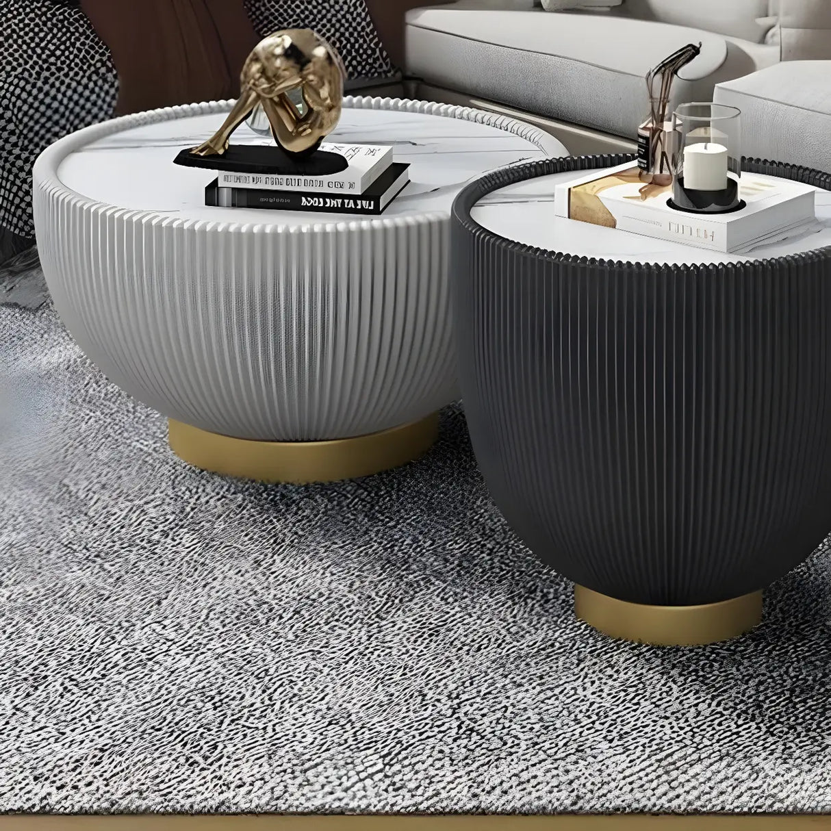 Stone Round Tray Top Bowl-Shaped Iron Base Coffee Table Image - 7