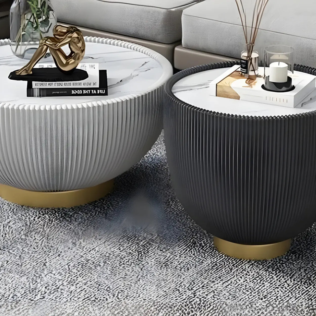 Stone Round Tray Top Bowl-Shaped Iron Base Coffee Table Image - 8