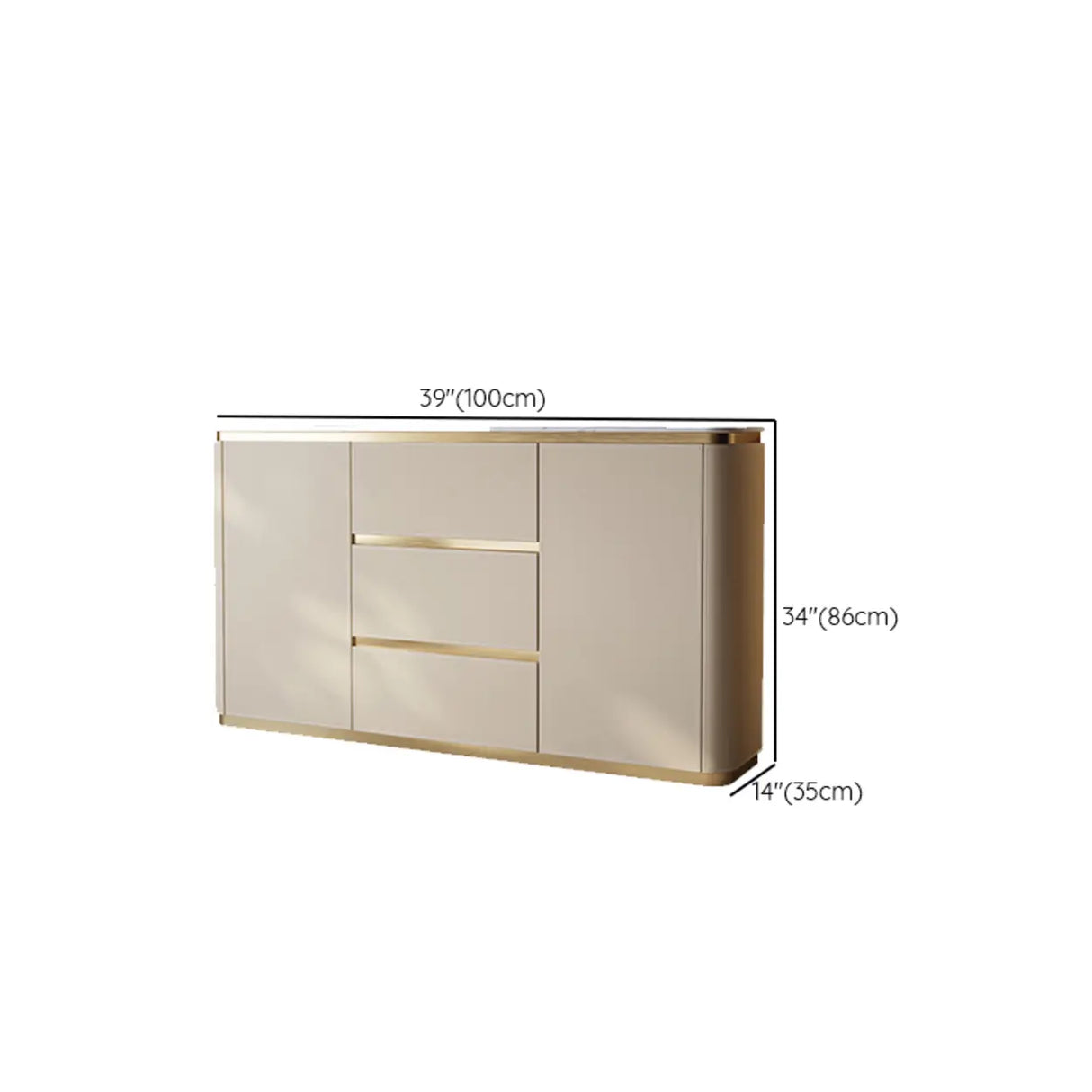 Storage Cabinet Beige MDF Gold Trim Pedestal Console Table