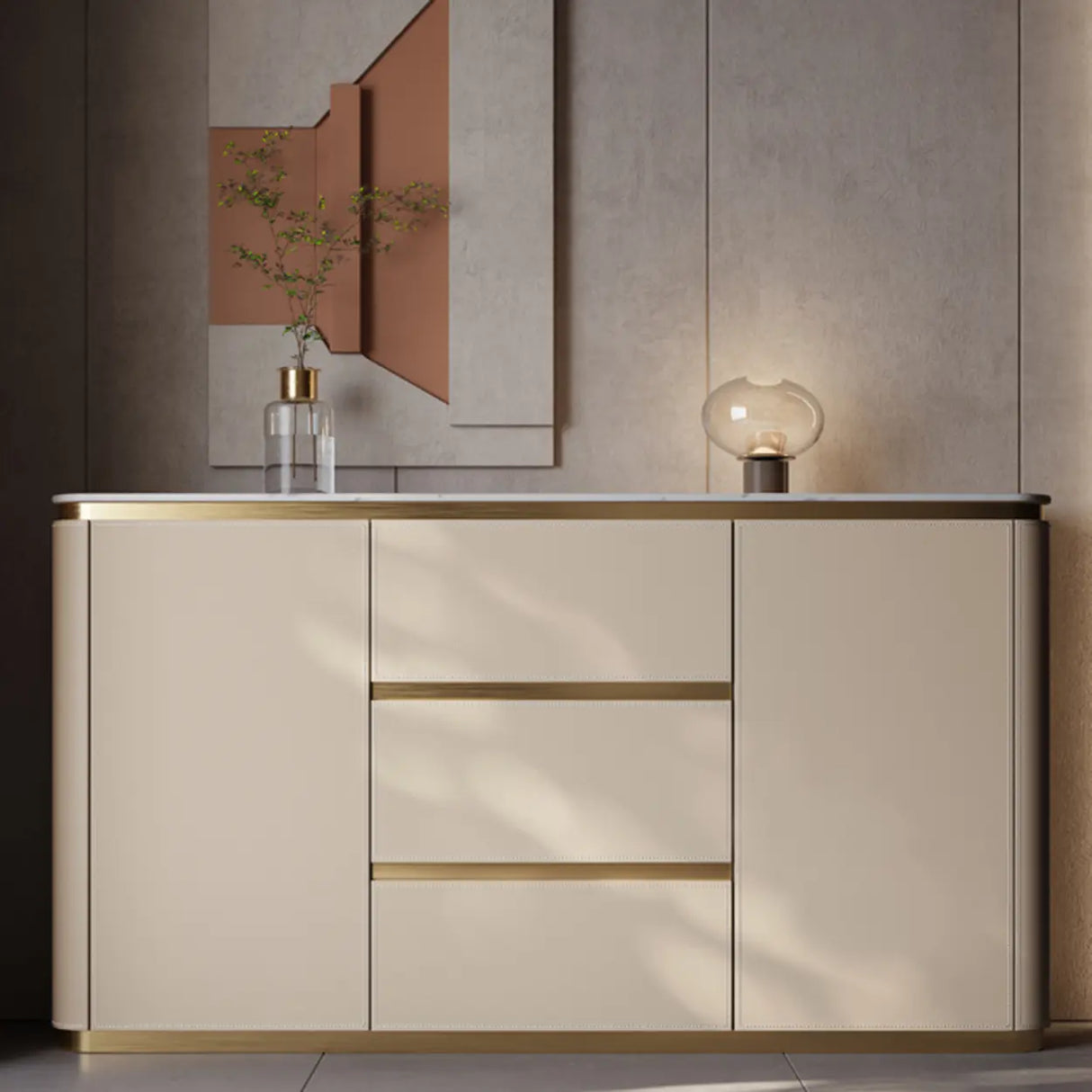 Storage Cabinet Beige MDF Gold Trim Pedestal Console Table Image - 1