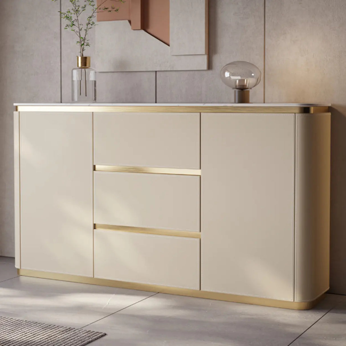 Storage Cabinet Beige MDF Gold Trim Pedestal Console Table Image - 3