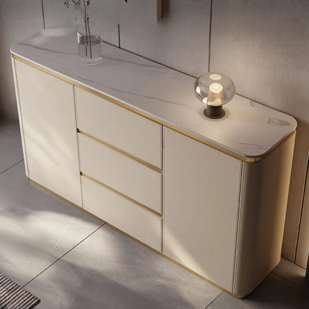 Storage Cabinet Beige MDF Gold Trim Pedestal Console Table Image - 4