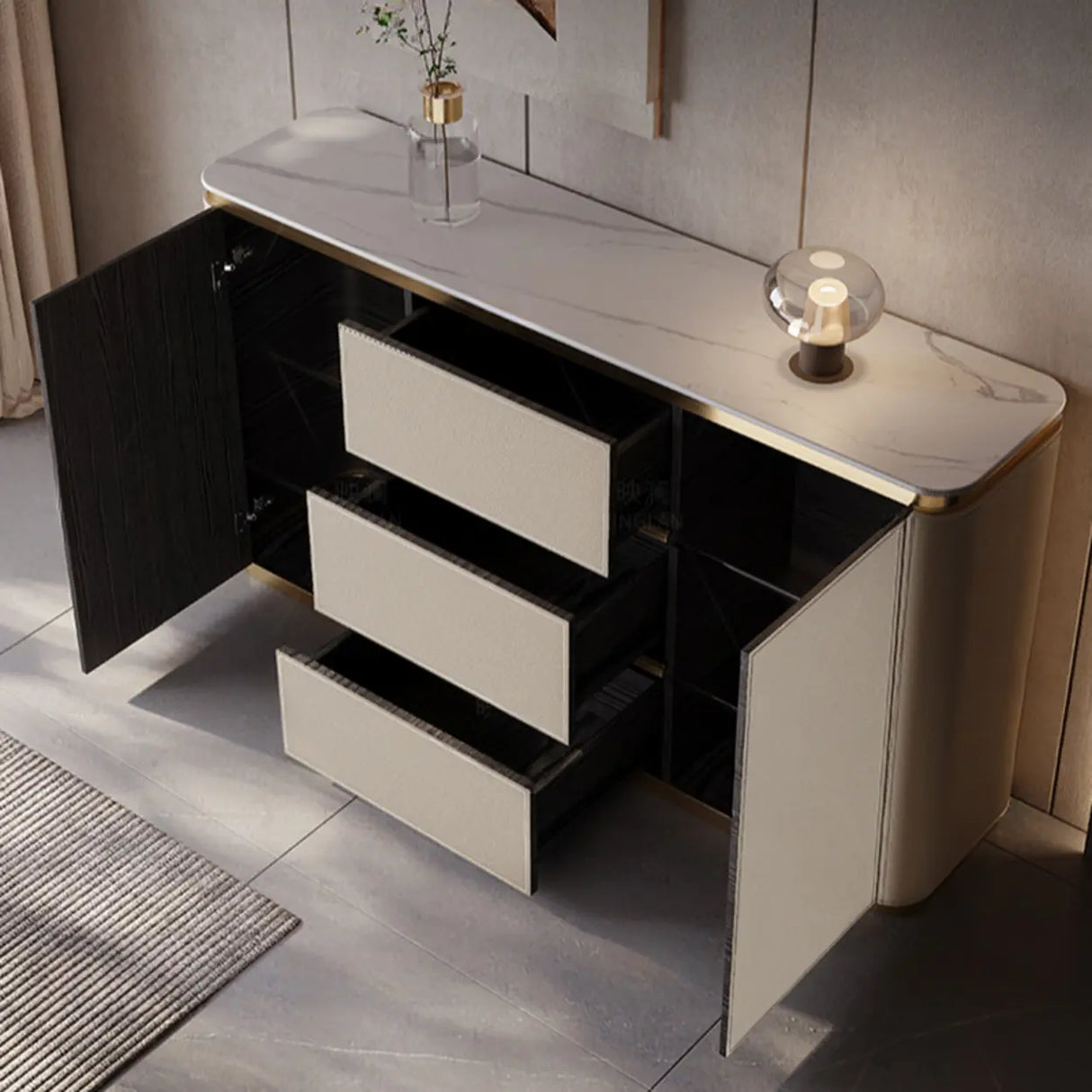 Storage Cabinet Beige MDF Gold Trim Pedestal Console Table Image - 8