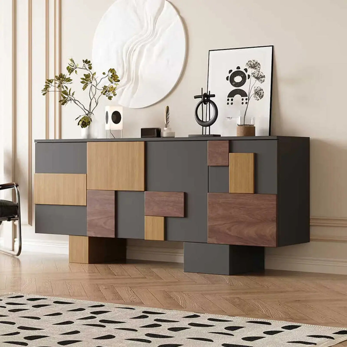 Storage Geometric Wood White Console Table with Cabinet Image - 11