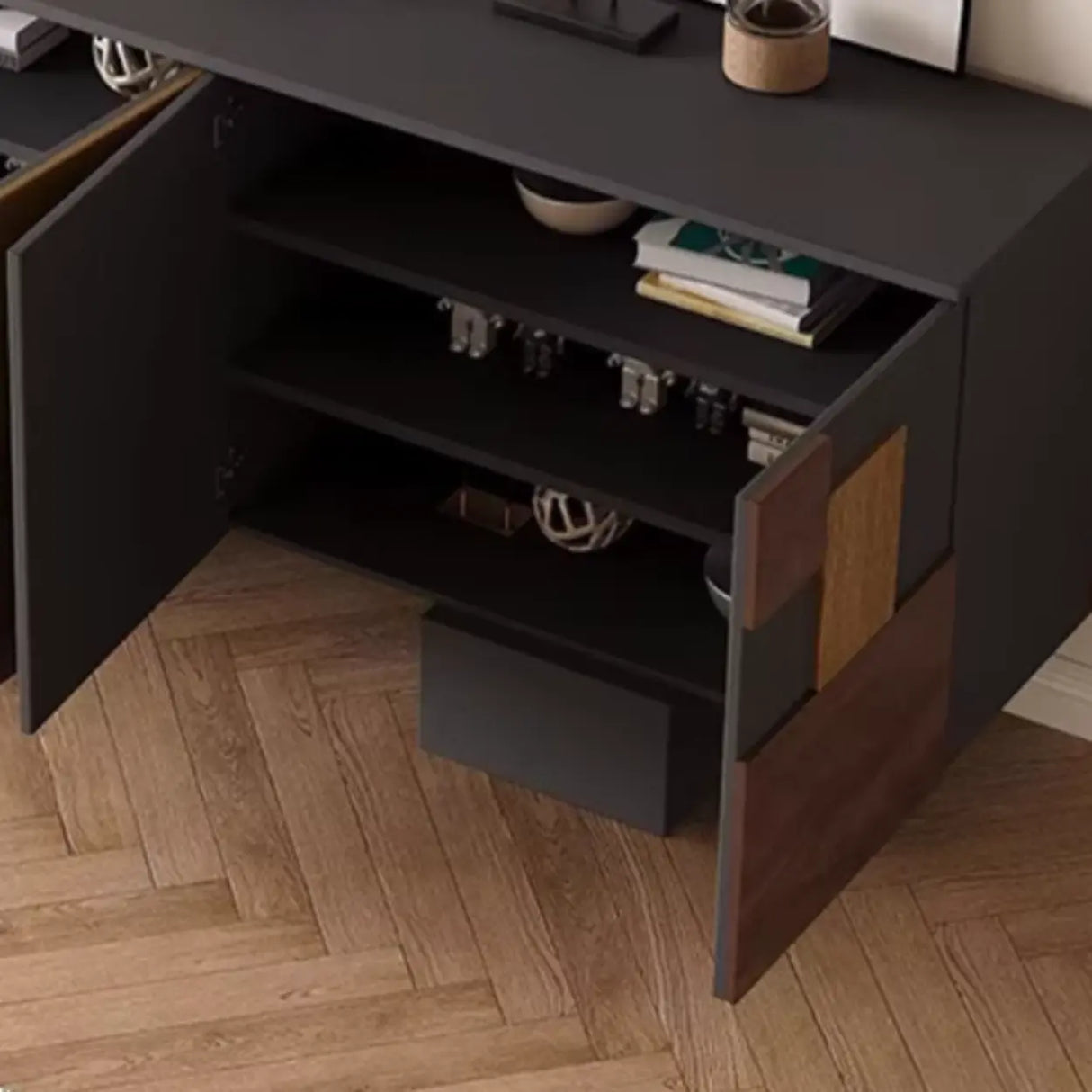 Storage Geometric Wood White Console Table with Cabinet Image - 12