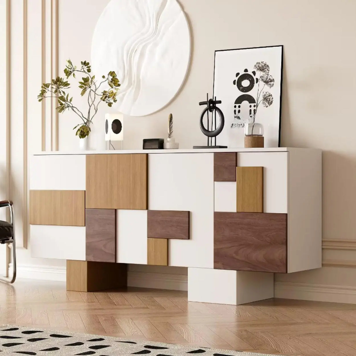 Storage Geometric Wood White Console Table with Cabinet Image - 1