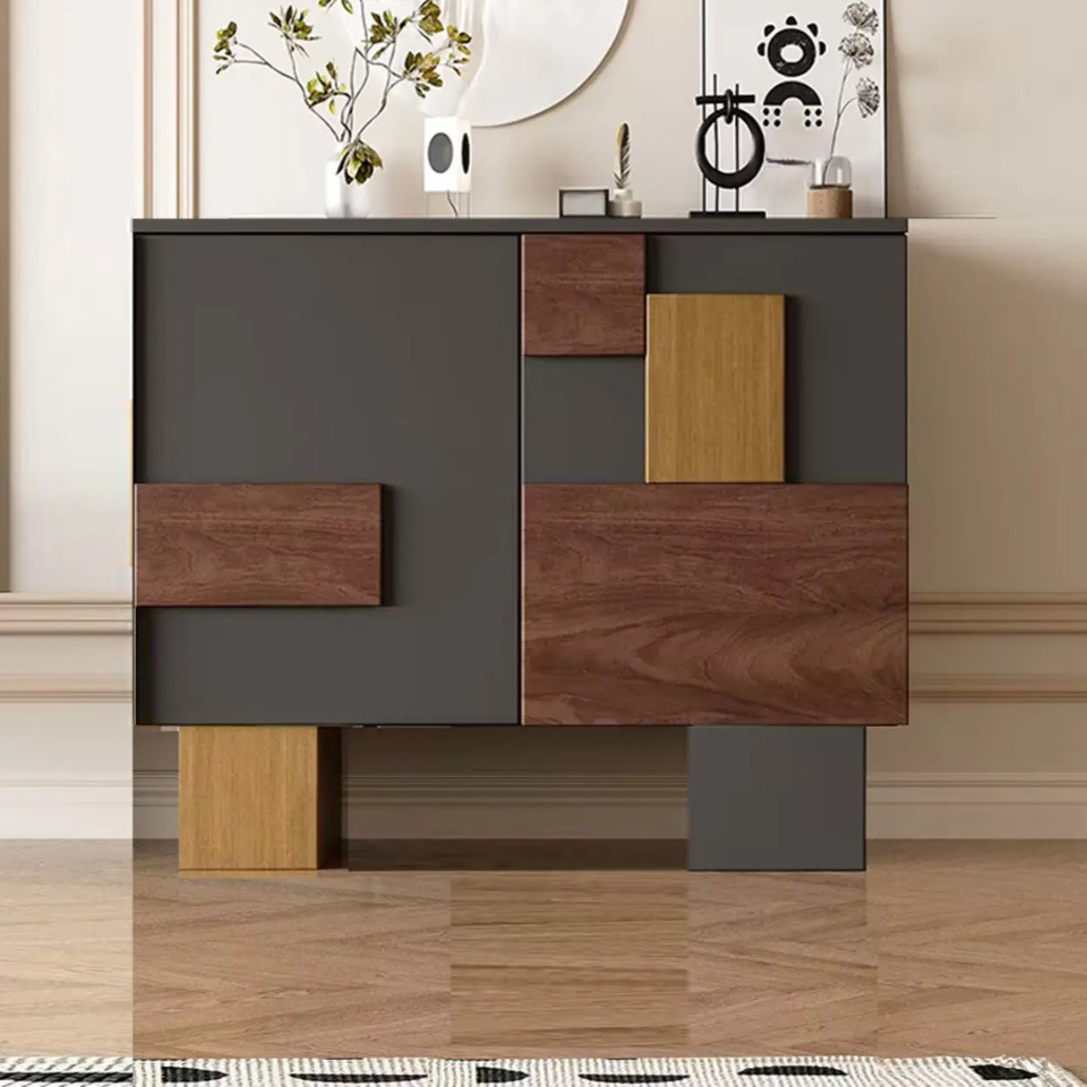Storage Geometric Wood White Console Table with Cabinet Image - 3