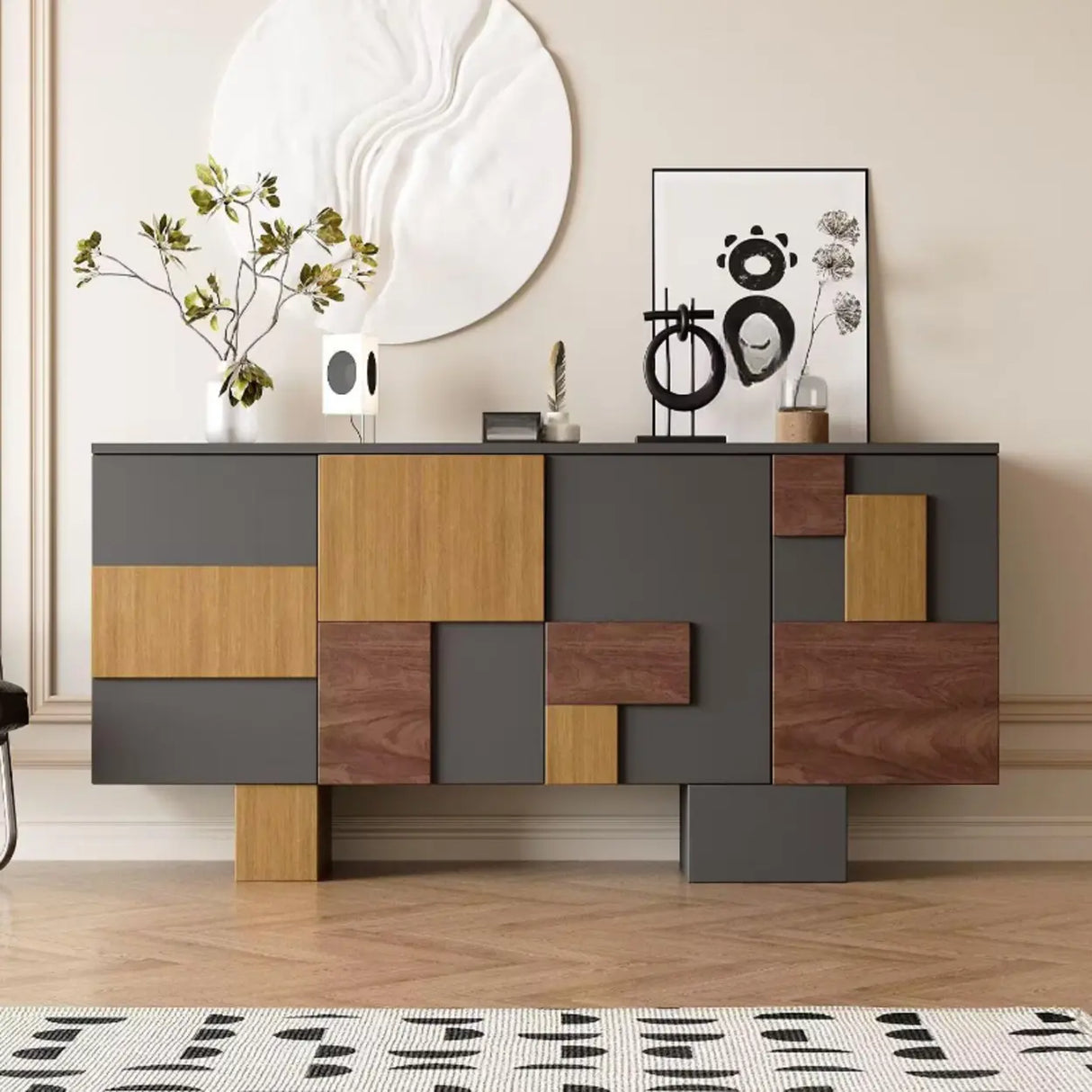 Storage Geometric Wood White Console Table with Cabinet Image - 4