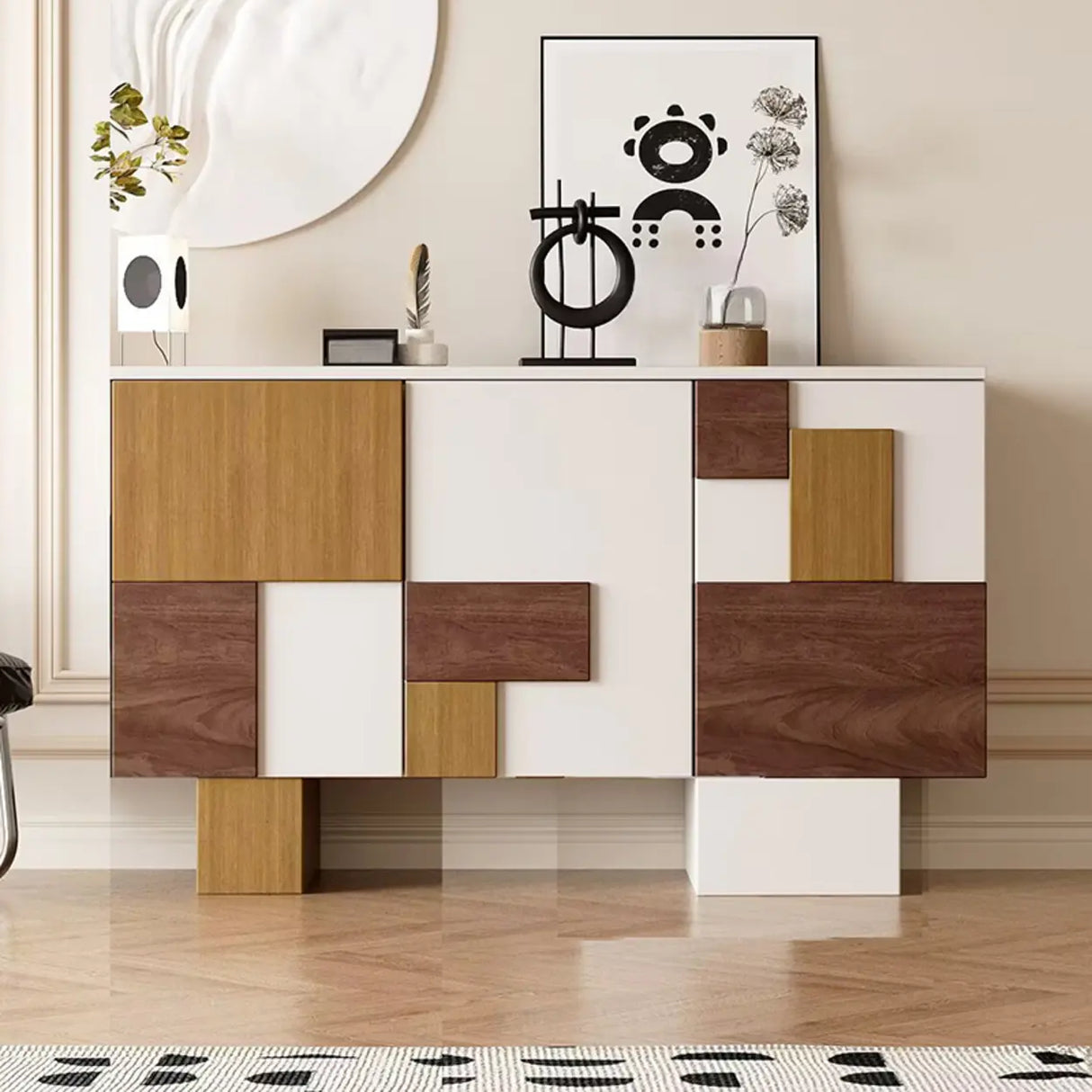 Storage Geometric Wood White Console Table with Cabinet Image - 5