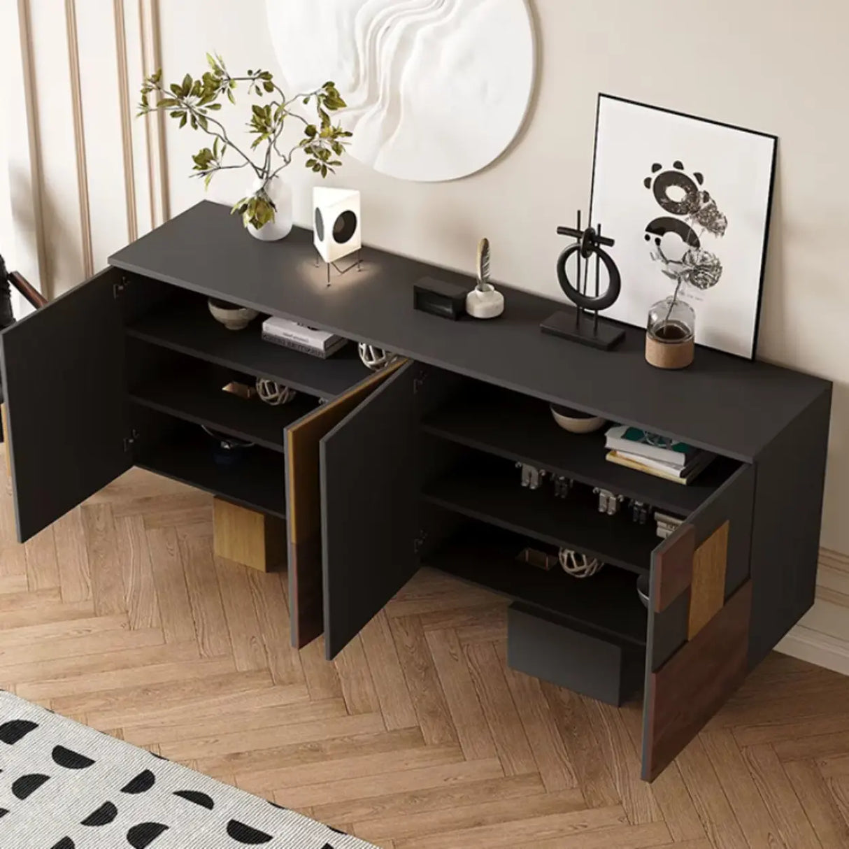 Storage Geometric Wood White Console Table with Cabinet Image - 6