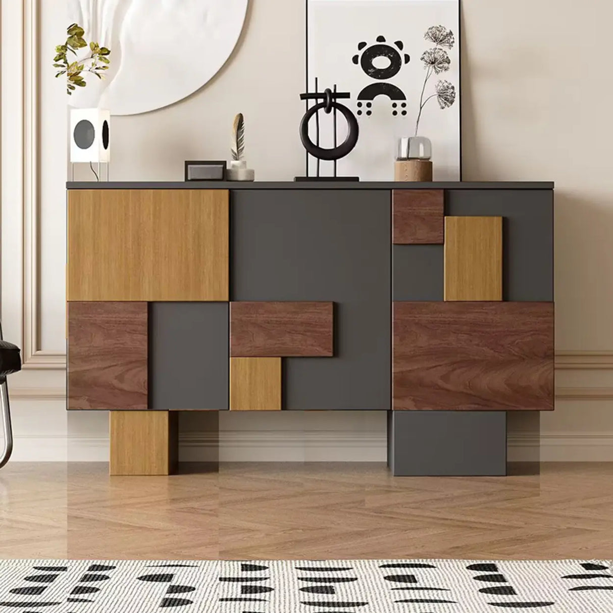 Storage Geometric Wood White Console Table with Cabinet Image - 7