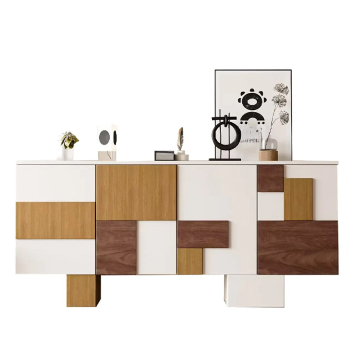 Storage Geometric Wood White Console Table with Cabinet Image - 8