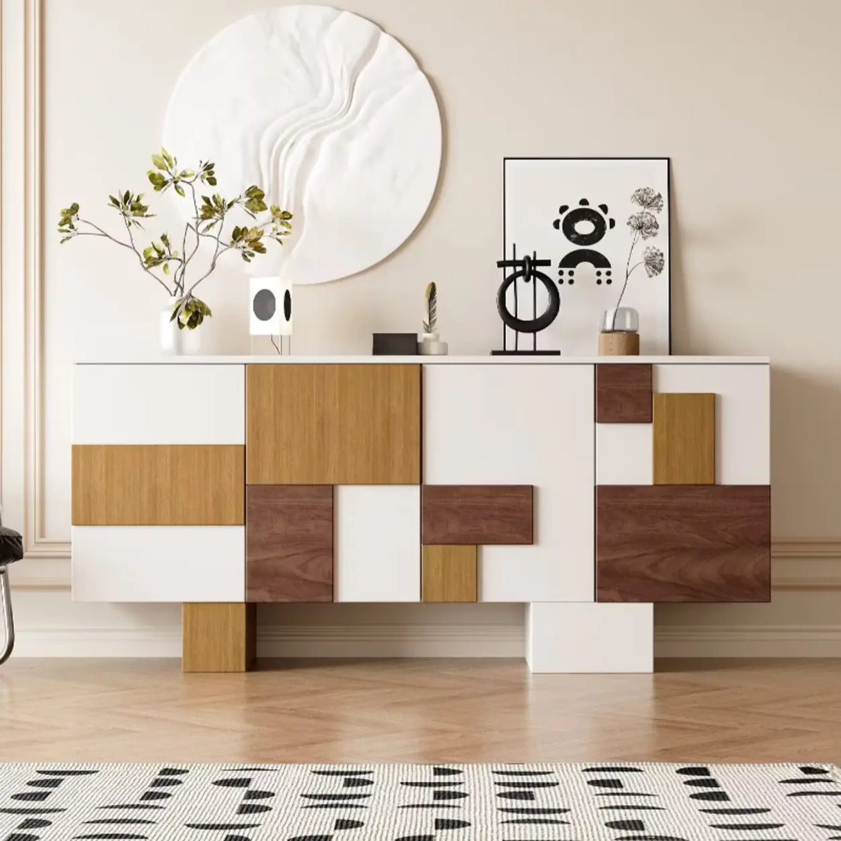 Storage Geometric Wood White Console Table with Cabinet Image - 9